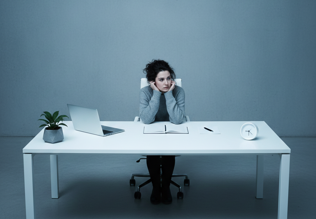 a woman sitting at a desk with a laptop and a clock