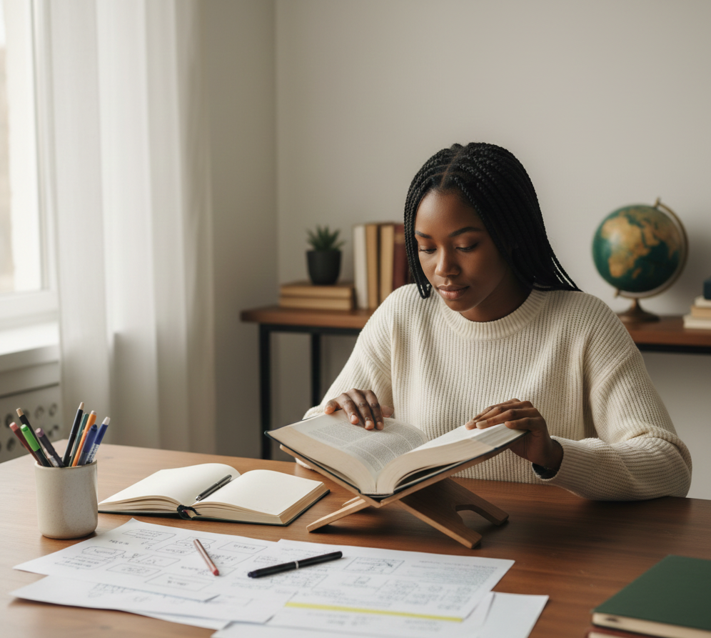 a woman sitting at a desk with a book and a pen