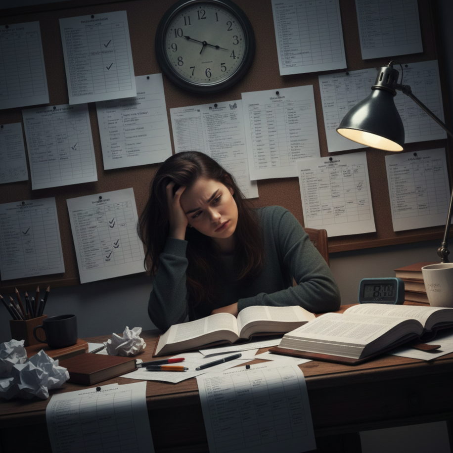 a woman sitting at a desk with a clock and a clock
