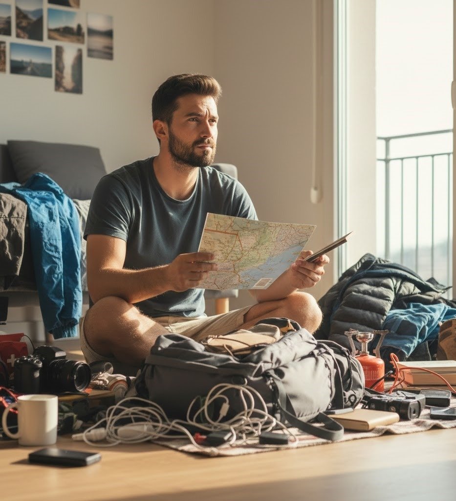 a man sitting on a couch with a map of the world